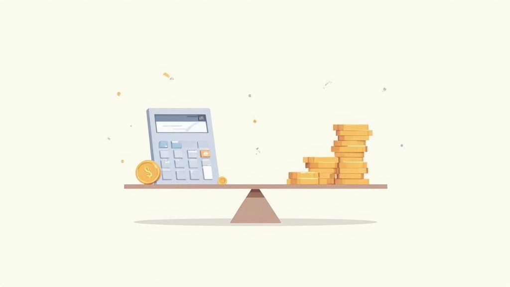 A person using a calculator with cryptocurrency symbols in the background, representing the calculation of crypto profit.