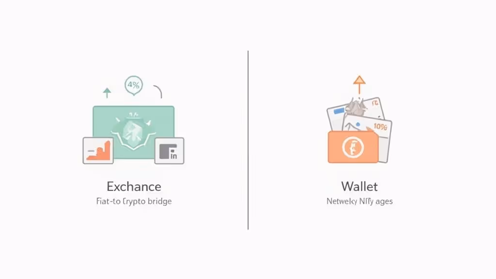 A visual representation of transaction fees, with coins moving between an exchange interface and a wallet app.