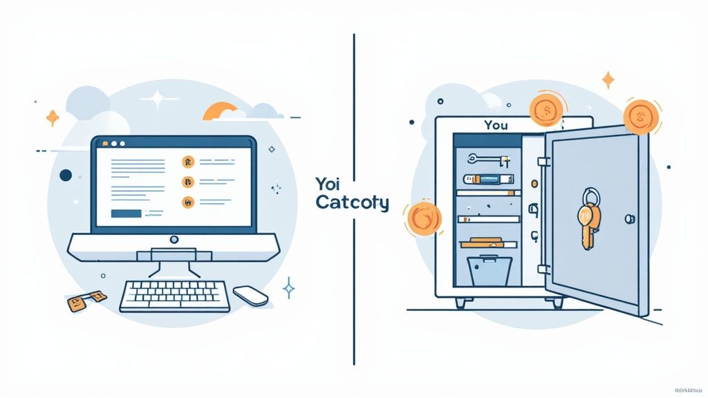 A visual comparison of a crypto exchange platform on a laptop screen versus a secure crypto wallet on a mobile phone.