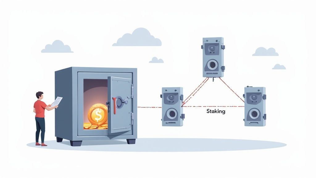 A person interacting with a holographic interface showing cryptocurrency charts and data, symbolizing DeFi staking