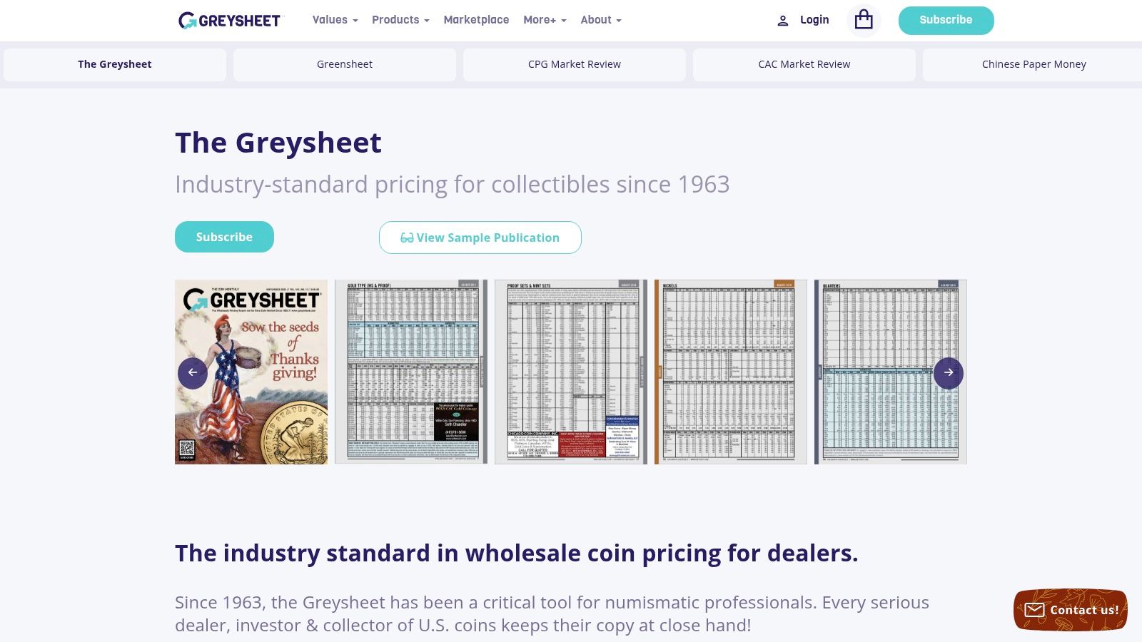 Greysheet (CDN) app interface showing coin pricing lists