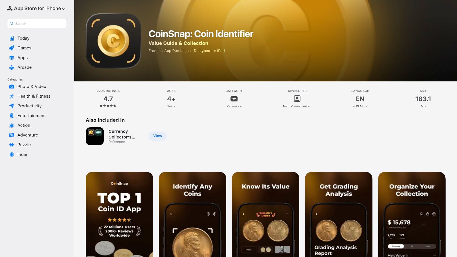 CoinSnap app interface displaying a coin's identification and value