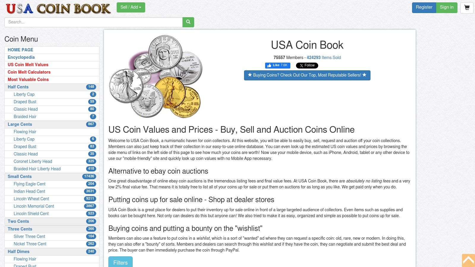 USA Coin Book website interface showing coin listings and values