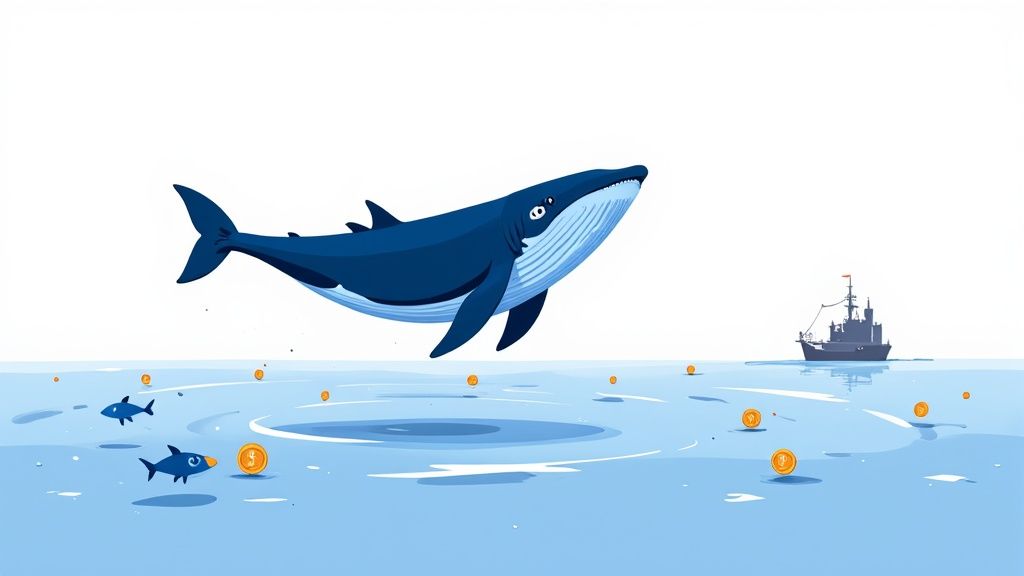 A blue whale swimming in a digital ocean with cryptocurrency coins floating around it.