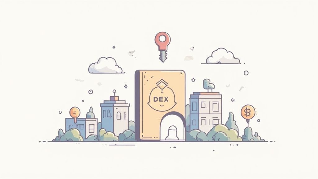 A stylized representation of a digital wallet unlocking access to decentralized finance applications and cryptocurrency symbols.