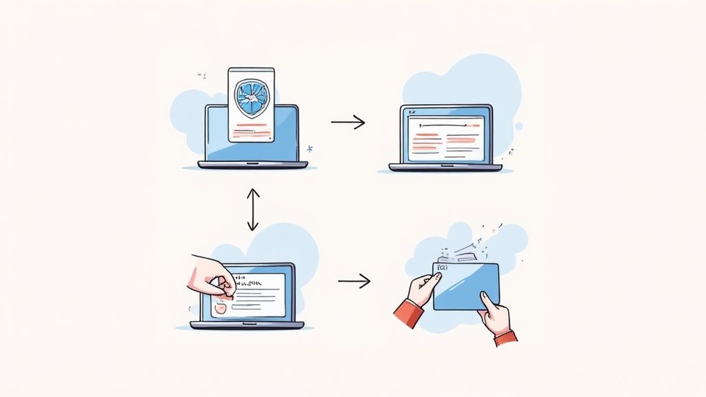 A visual guide showing the steps to set up a DeFi wallet, from installation to securing the seed phrase.
