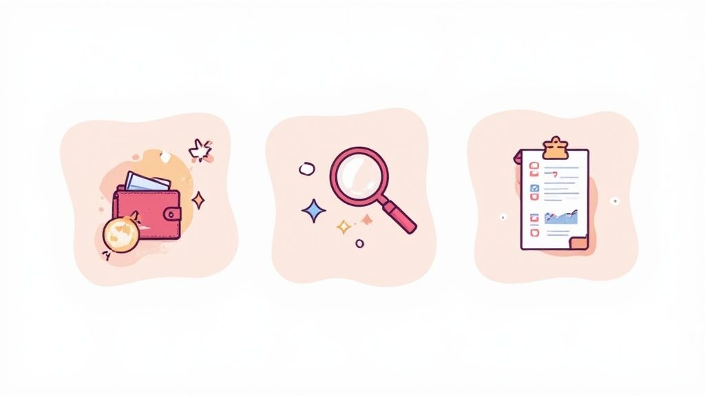 Three illustrated icons showing pink wallet with coin, magnifying glass for search, and clipboard with checklist