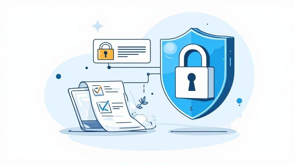 Digital security illustration showing laptop, shield with padlock, and cybersecurity protection elements