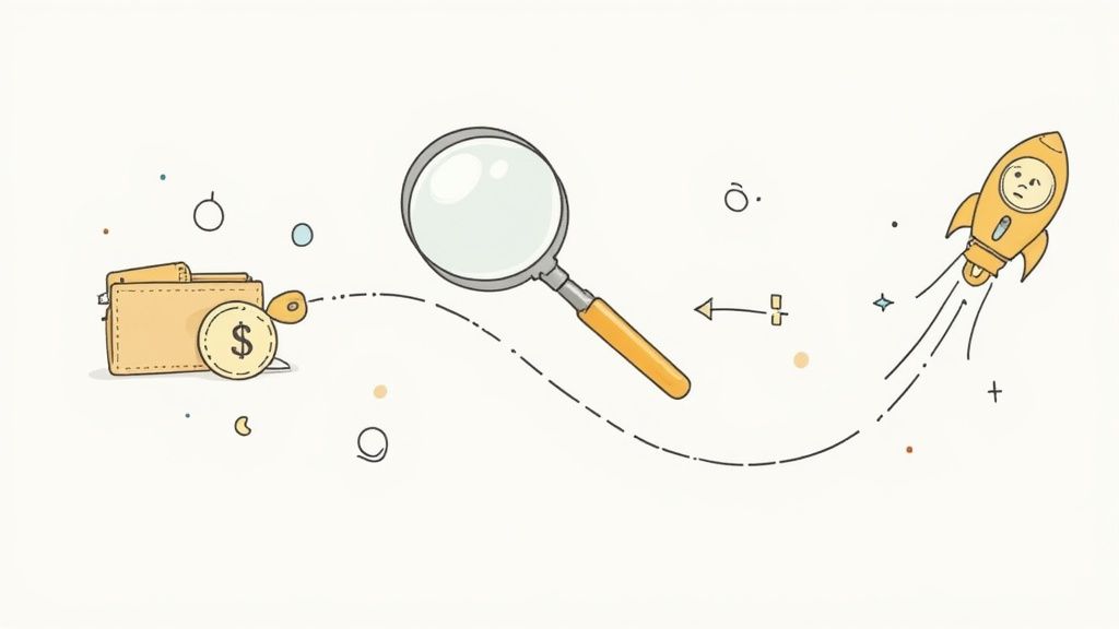 Magnifying glass examining path between wallet with coin and rocket ship illustration