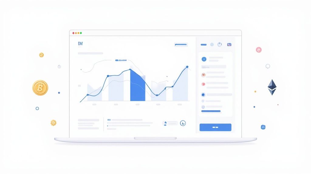 Cryptocurrency wallet tracker dashboard displaying financial charts and portfolio performance analytics on laptop screen