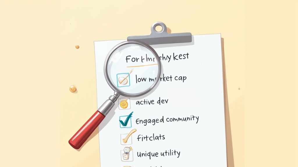 Magnifying glass highlighting checklist of cryptocurrency investment criteria including low market cap and engaged community