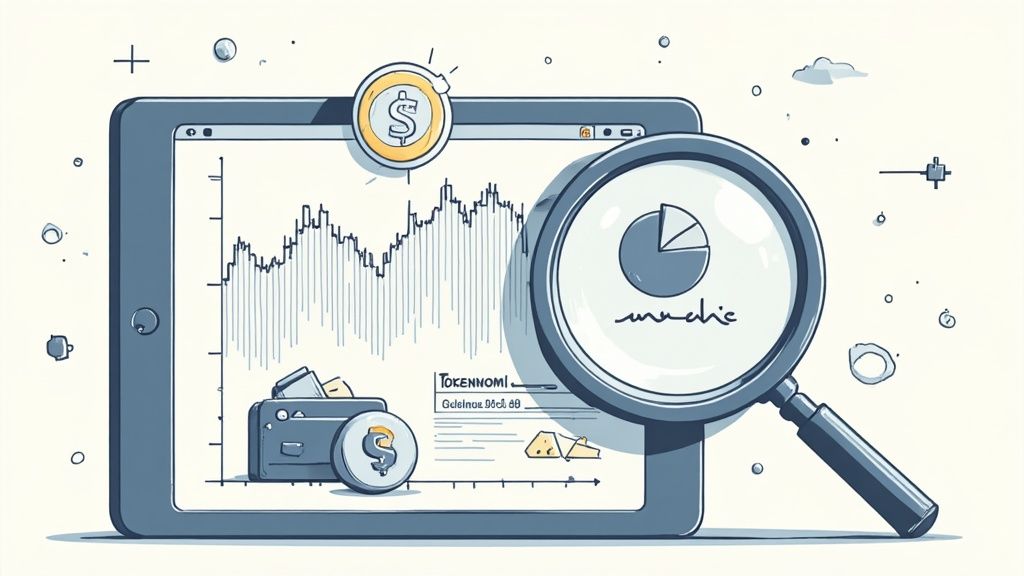 Digital tablet displaying financial charts and cryptocurrency data analysis with magnifying glass and dollar coin