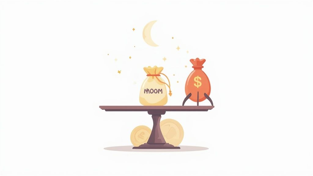 Balance scale comparing MOOM bag and dollar money bag with moon and stars background