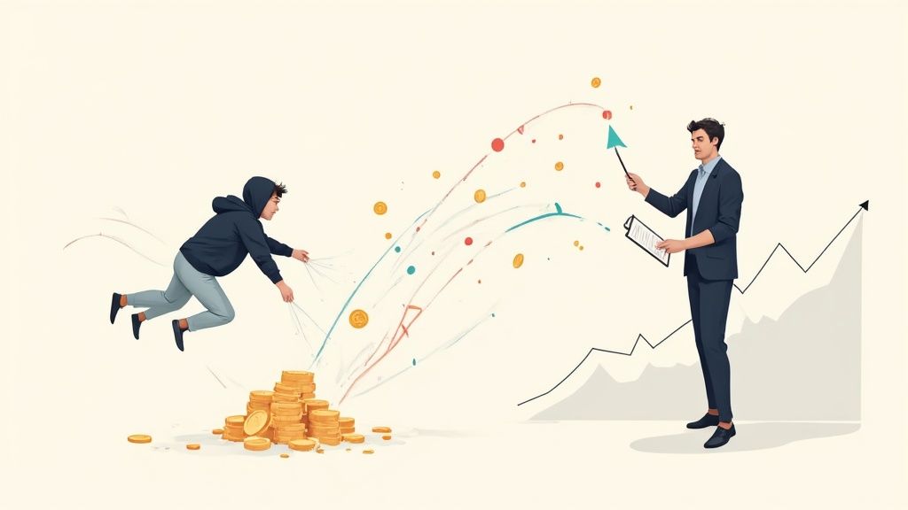 A young person extracts value from coins while a businessman points to a rising financial graph, illustrating investment strategy.