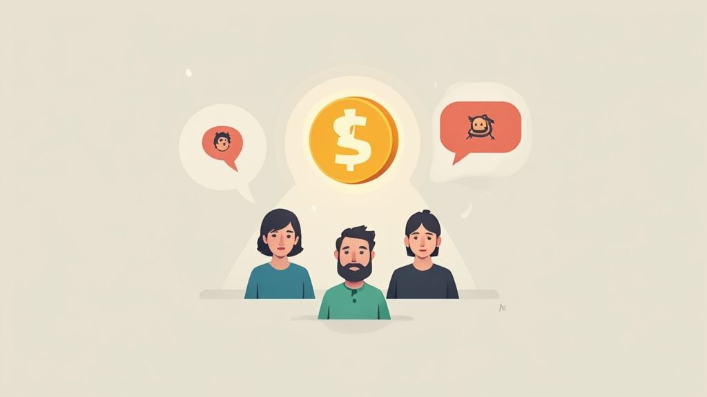Illustration of three people with thought bubbles about money, another person, and a monkey.