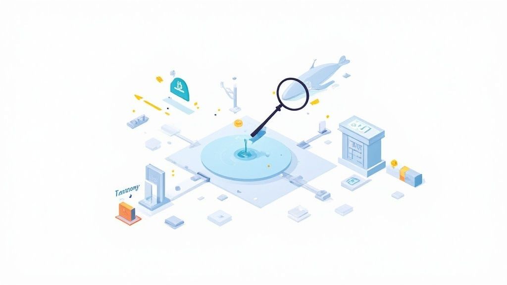 An isometric illustration showing crypto analytics with a magnifying glass, whale, and blockchain symbols.