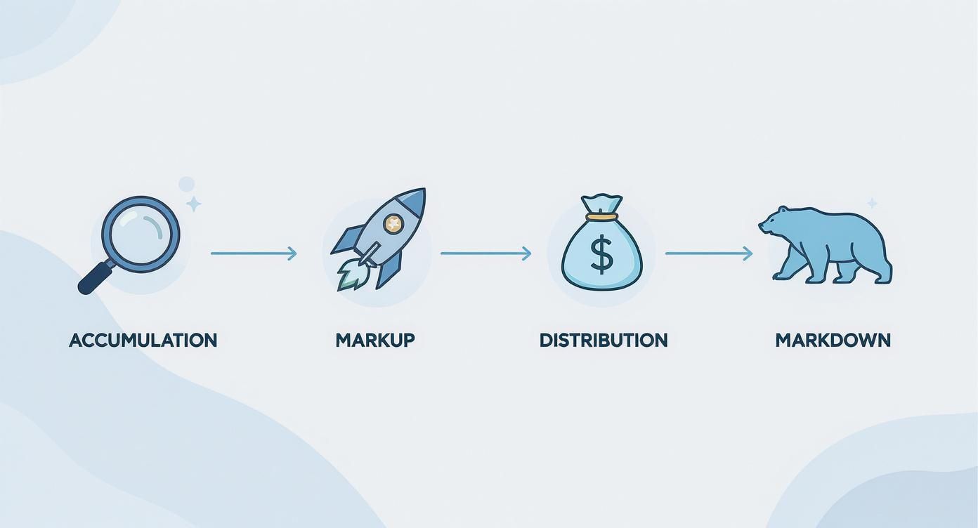 A diagram illustrating the four phases of a market cycle: Accumulation, Markup, Distribution, and Markdown.