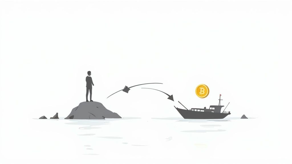 A silhouette of a person on a rock looking at a boat, with Bitcoin transferring between them.