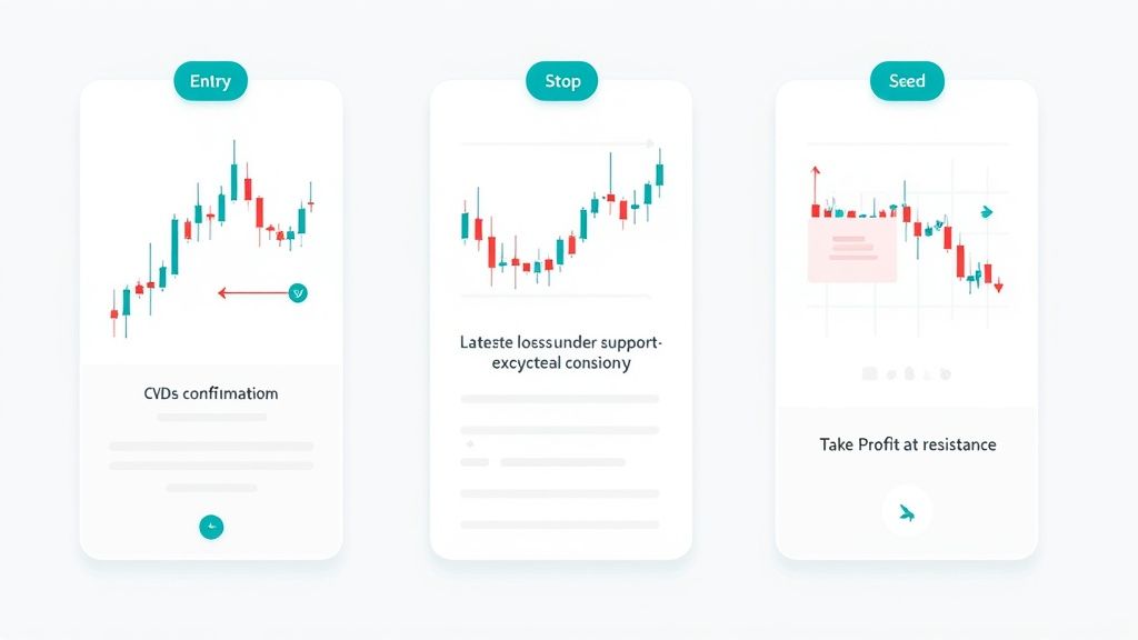 Three mobile app screens display trading strategies including entry, stop loss, and taking profit with candlestick charts.