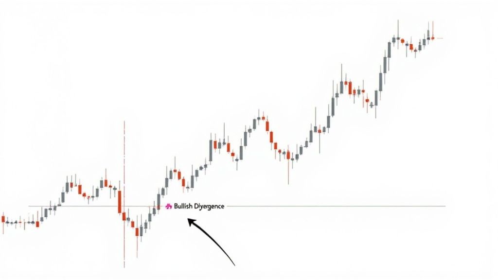 A candlestick chart illustrating a bullish divergence pattern, marked with text and an arrow, followed by an uptrend.