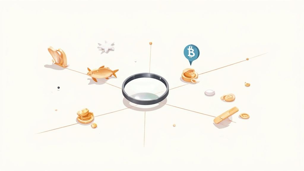 Magnifying glass examining diverse financial assets, including Bitcoin, golden fish, and coins, connected by lines.