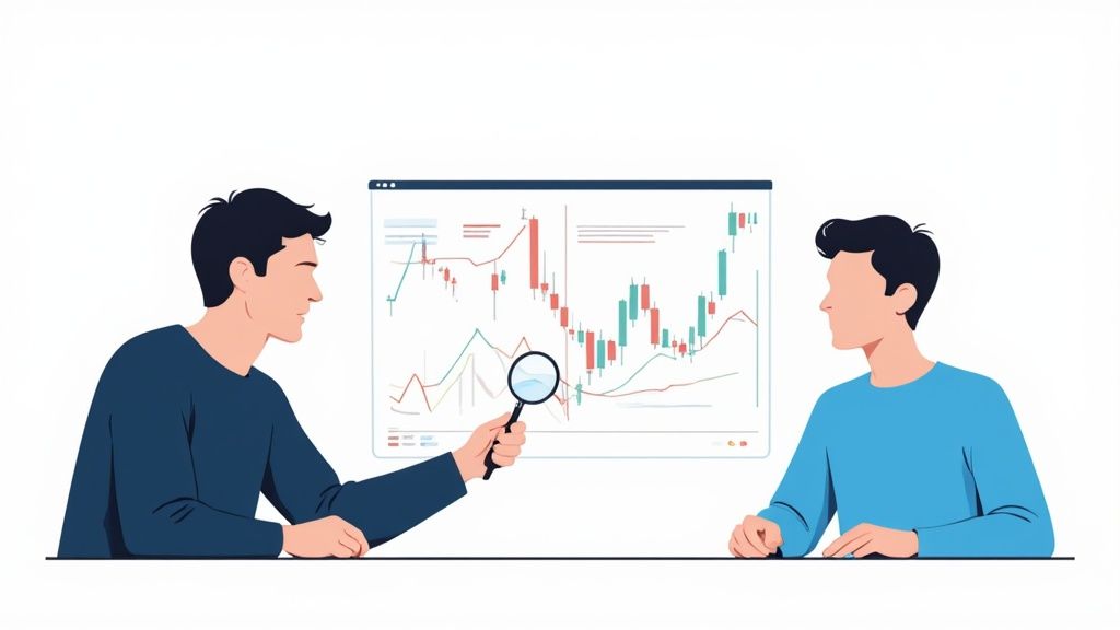 Two men analyze a financial chart on a screen with a magnifying glass, discussing market trends.
