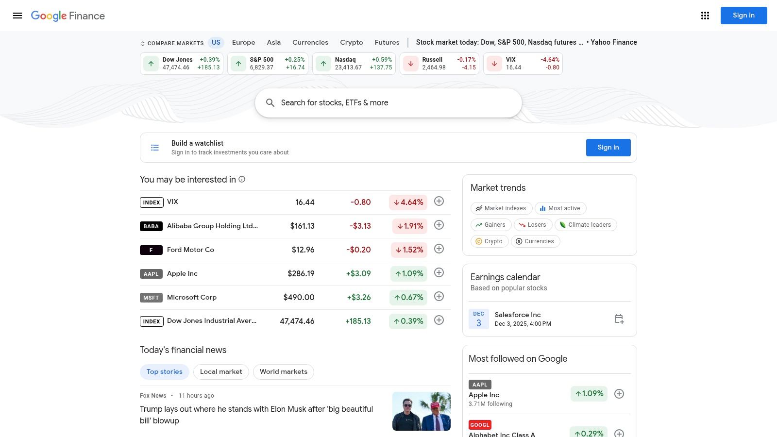 Google Finance Portfolios/Watchlists dashboard showing stock market data and charts.