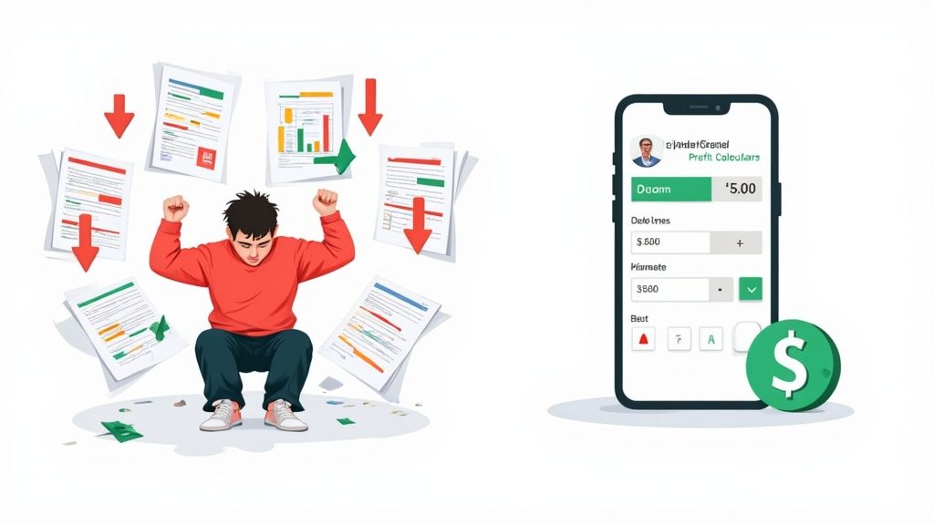 An illustration of a person frustrated by financial losses, next to a cryptocurrency profit calculator app.