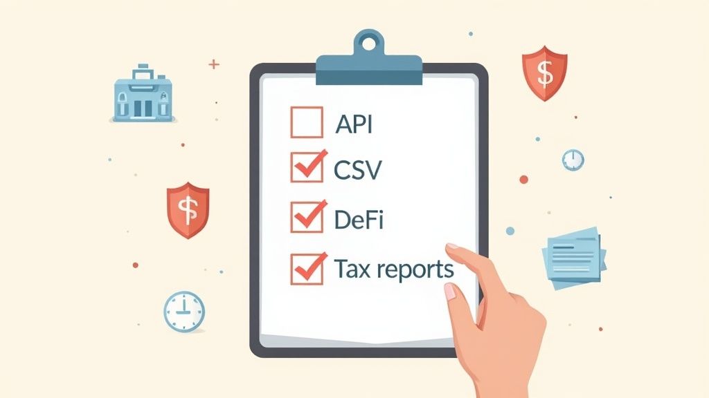 A hand checks off 'CSV', 'DeFi', and 'Tax reports' on a clipboard with finance-related icons.