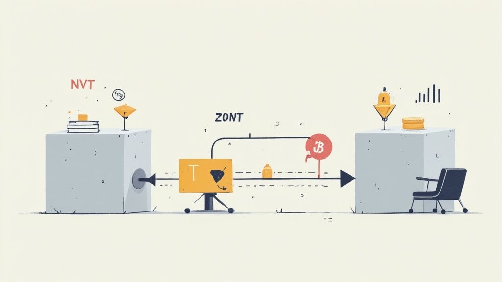 A conceptual diagram showing financial analysis from NVT data through a ZONT system to output metrics and coins.