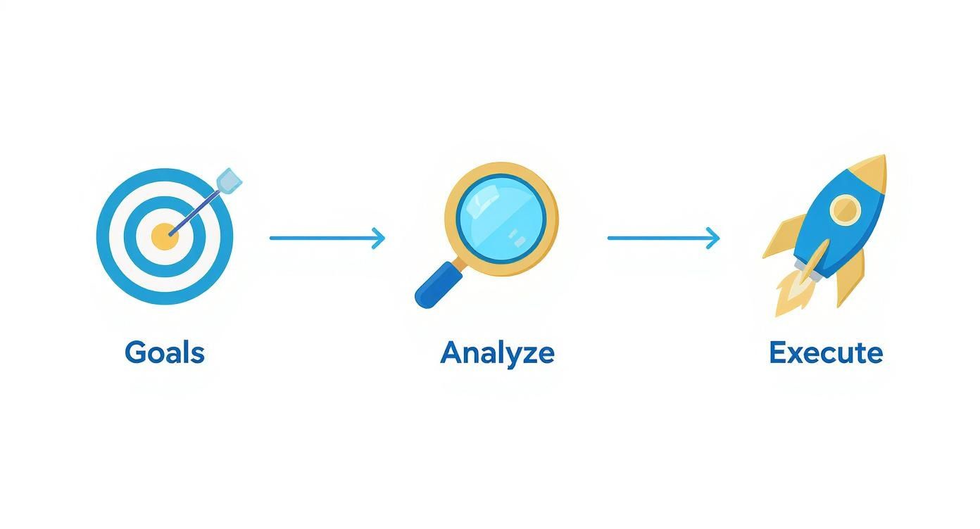 Goals, Analyze, Execute workflow diagram with a target, magnifying glass, and rocket icons.