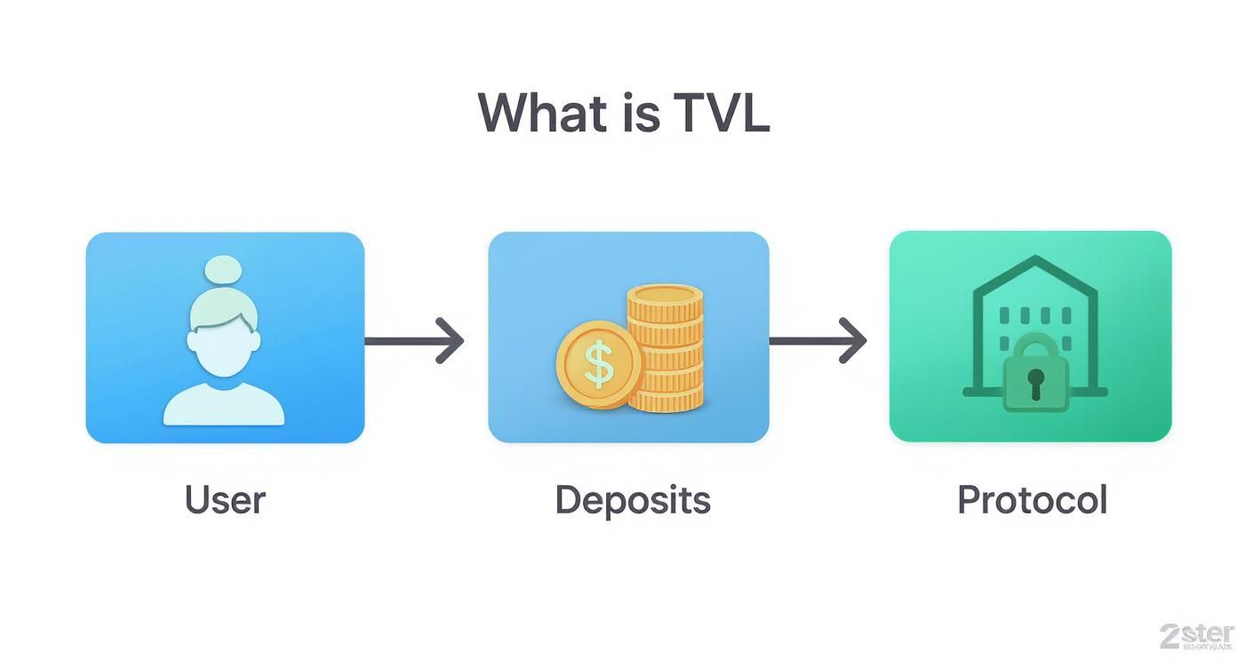 A diagram illustrating the flow of a user making deposits into a decentralized protocol, explaining TVL.