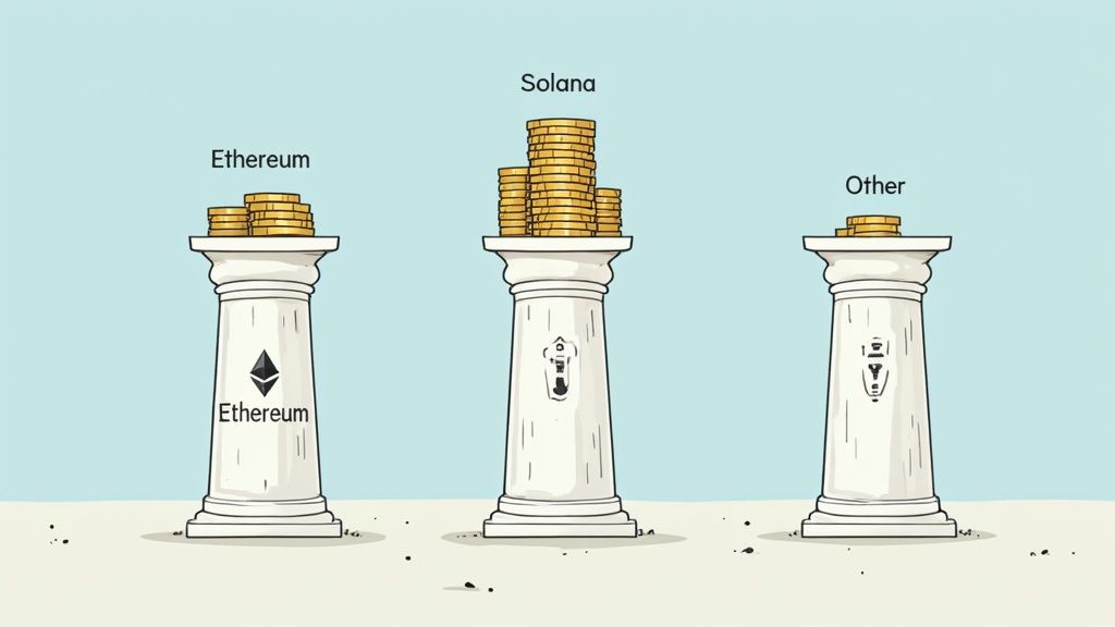 Cartoon illustration comparing the Total Value Locked (TVL) for Solana, Ethereum, and other cryptocurrencies.