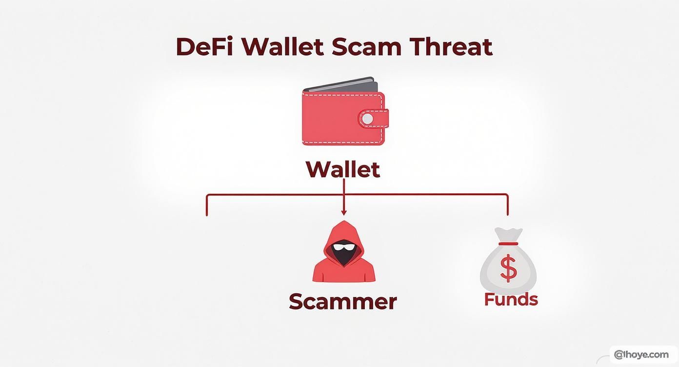 Illustration of a DeFi wallet scam threat, showing funds being stolen by a scammer from a digital wallet.