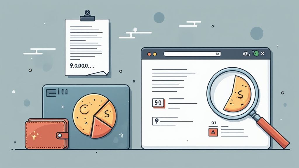Illustration of financial analysis with a clipboard, wallet, pie charts, and a browser window with search results.