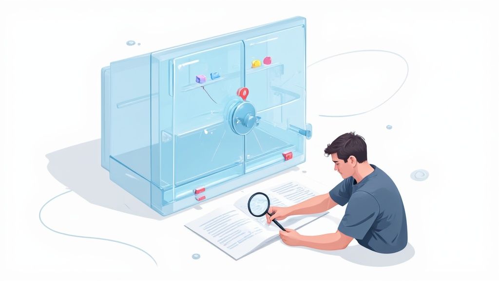 A man analyzing documents with a magnifying glass next to a transparent, locked data vault.