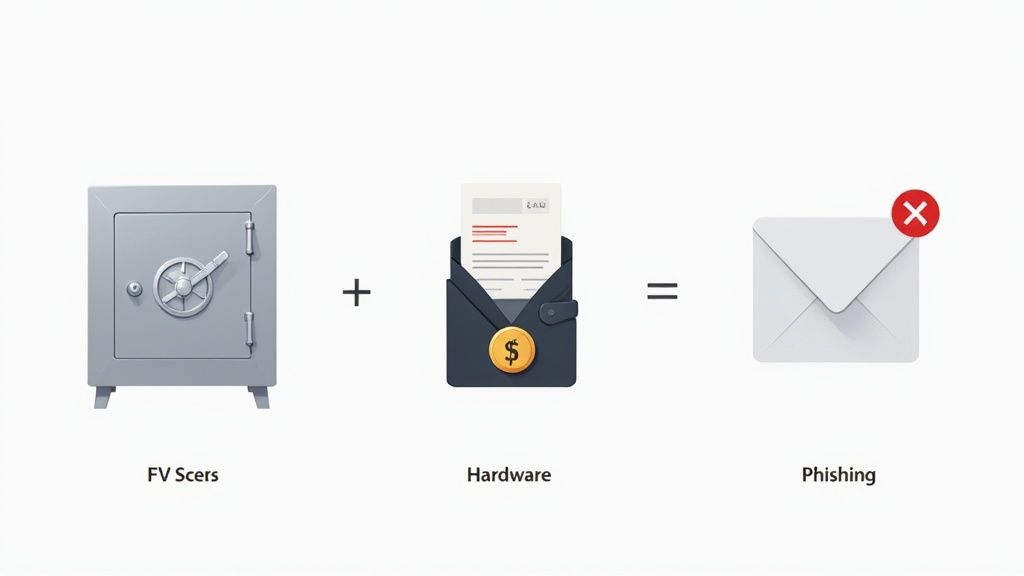 Equation showing a safe, hardware wallet, and a warning against dangerous phishing emails.