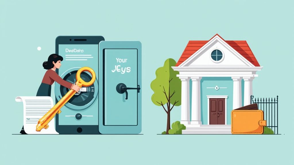 A woman uses a large golden key to unlock a digital safe displayed on a smartphone, next to a bank building and a wallet.