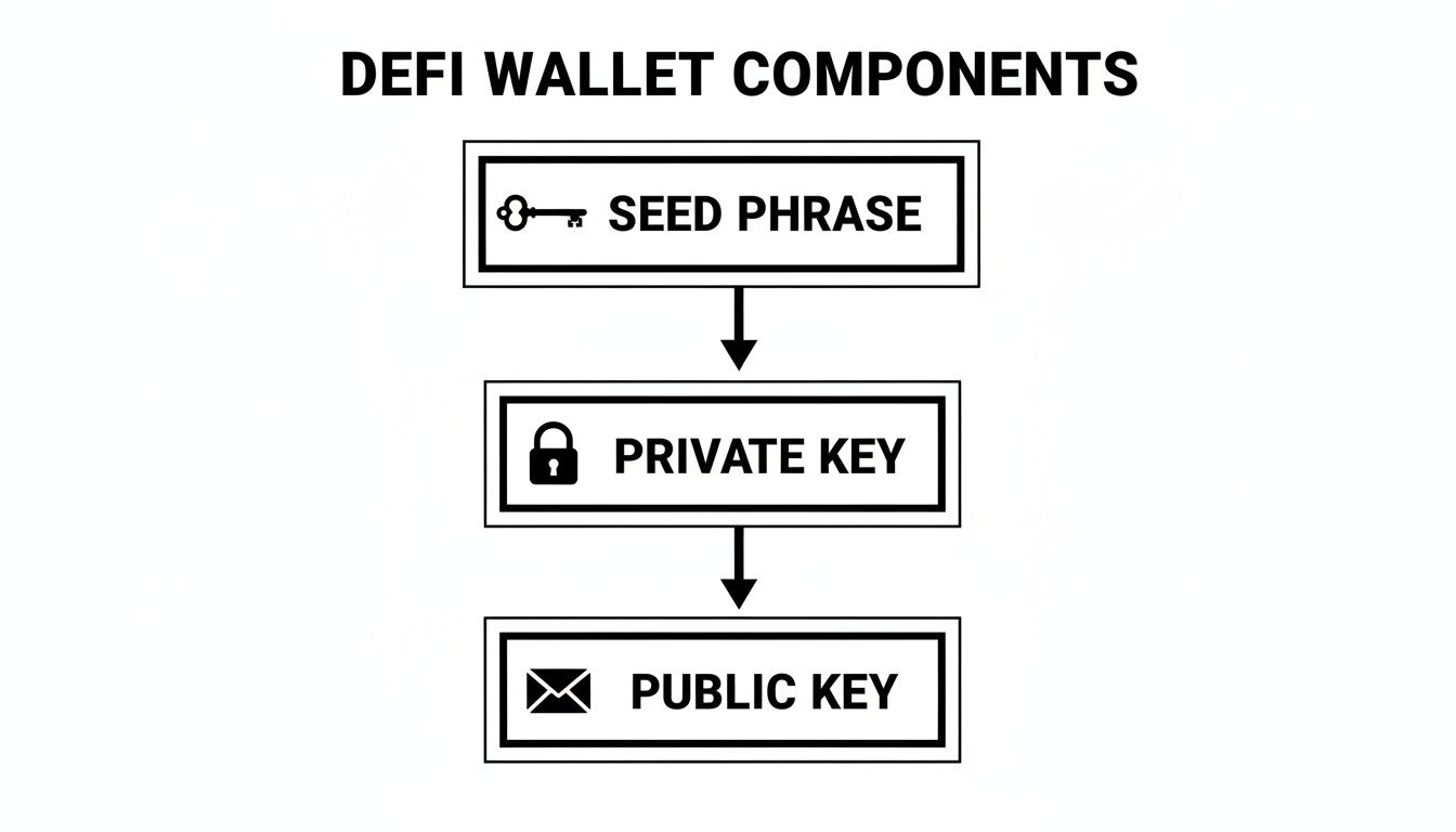A flowchart illustrating the essential components of a DeFi crypto wallet, from seed phrase to public key.