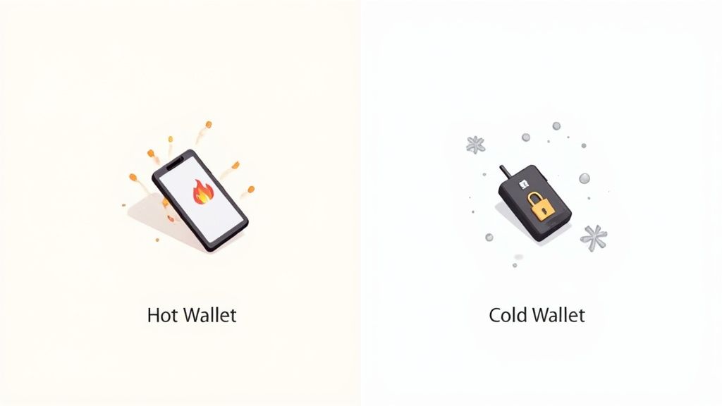 Illustration comparing a hot crypto wallet (phone with fire) and a cold crypto wallet (secure device with lock and snow).