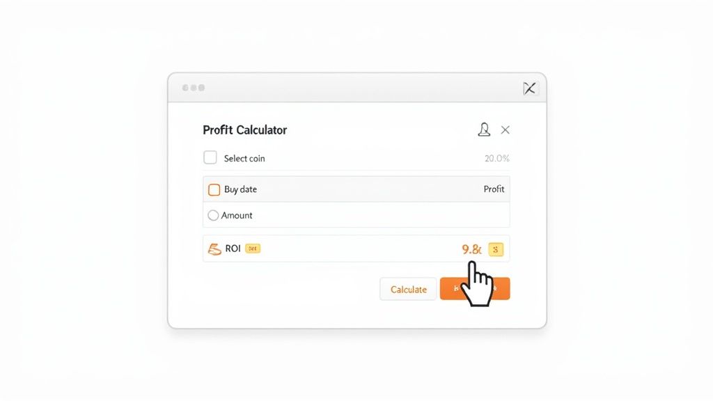 A profit calculator software interface showing input fields for a coin, buy date, and amount, with a calculated ROI of 9.8k highlighted by a hand cursor.