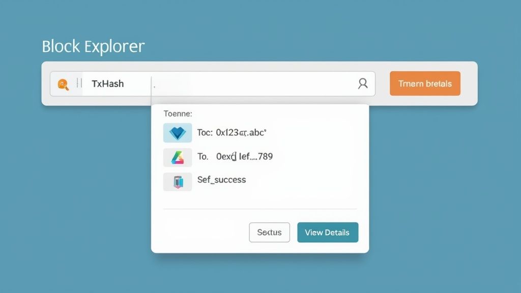 A block explorer interface displaying transaction details, including addresses and status, with a search bar.