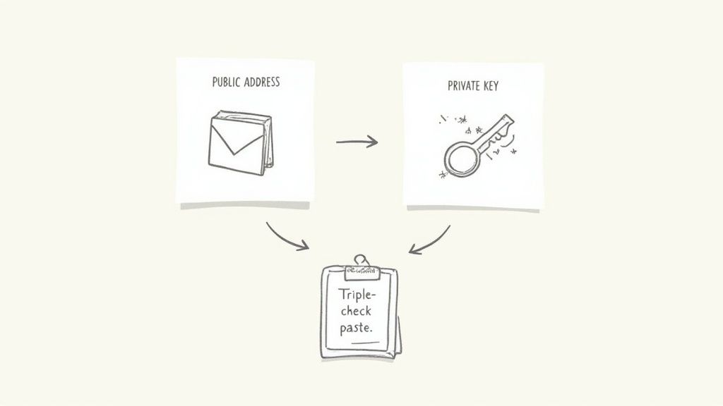 Diagram showing a public address, private key, and a reminder to triple-check when pasting for crypto wallet security.