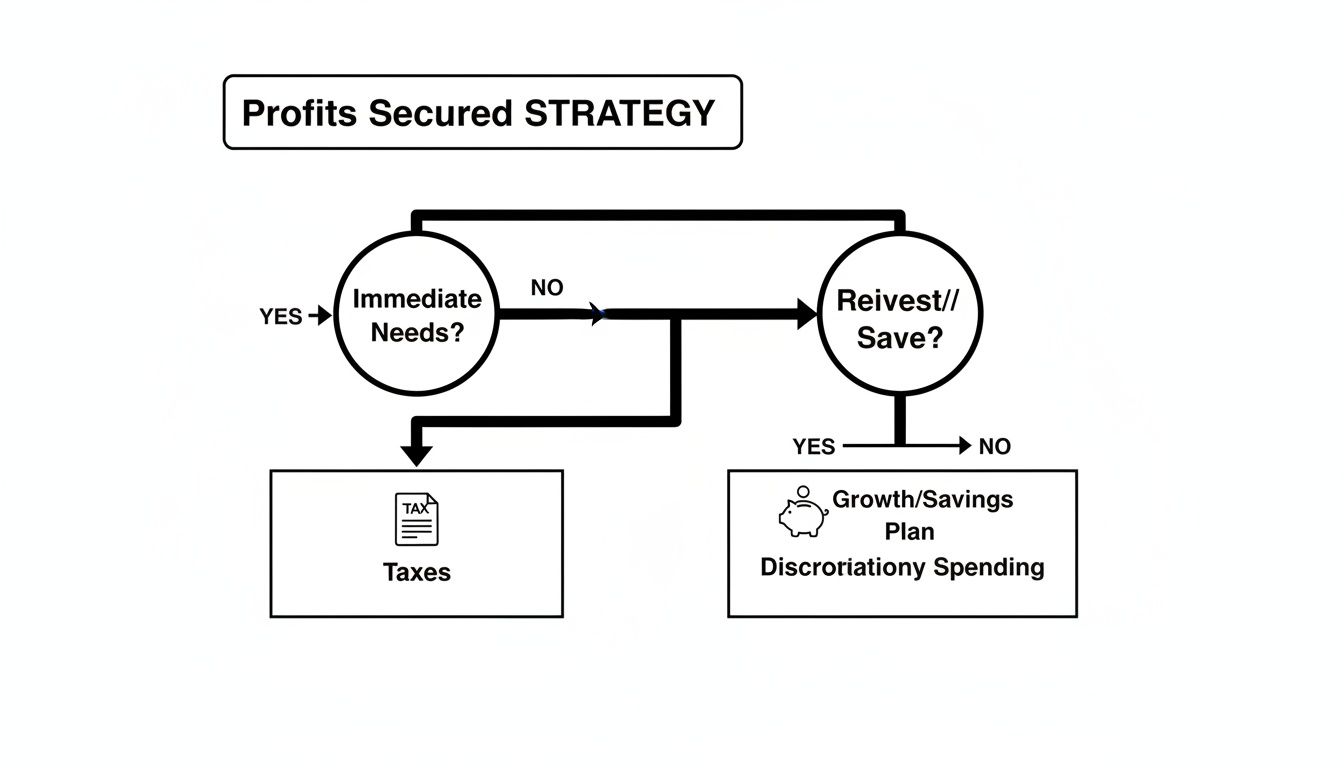 Flowchart illustrating a profits secured strategy for managing funds based on immediate needs and reinvestment.