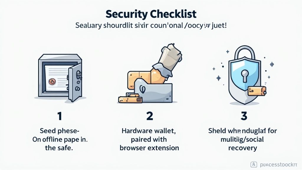A security checklist with three illustrated steps: offline seed phrase storage, hardware wallet use, and multi-signature recovery.