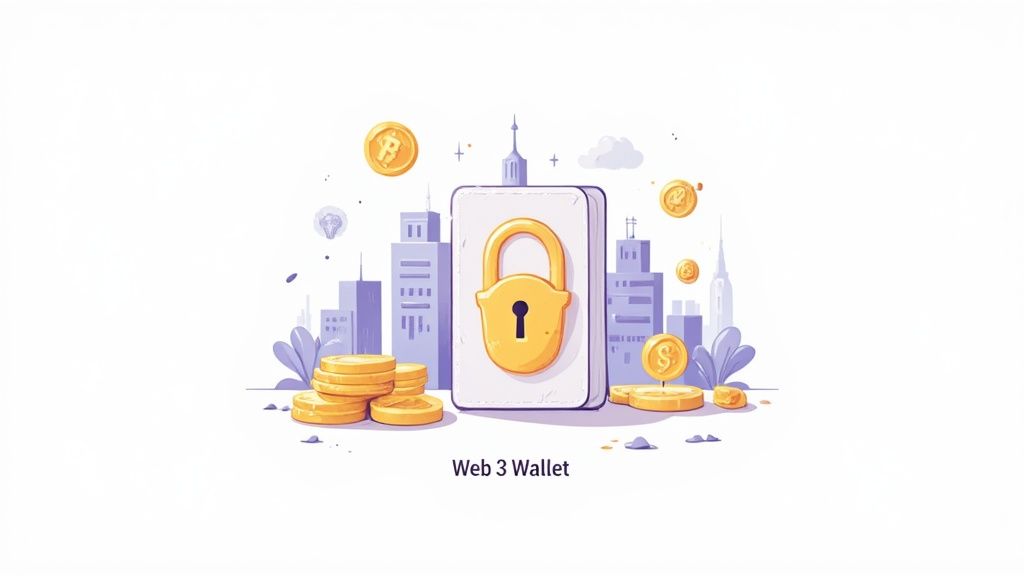 Illustration of a secure Web 3 Wallet with a padlock, amidst a modern city and digital currencies.