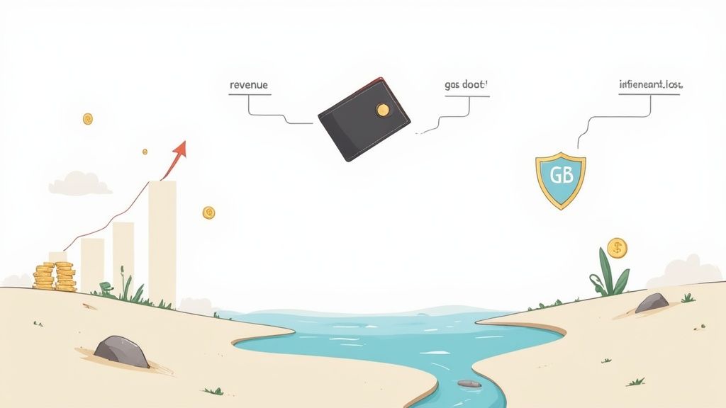 An illustration of financial concepts, showing revenue, expenses, profit growth, and loss protection.