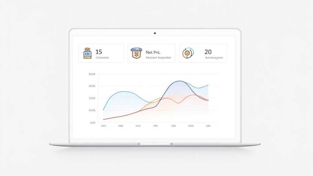 A laptop screen displaying a business dashboard with charts, metrics, and Net PnL data.