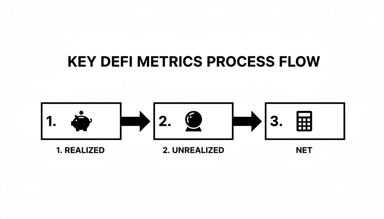 A diagram illustrating the key DeFi metrics process flow: Realized, Unrealized, and Net steps.