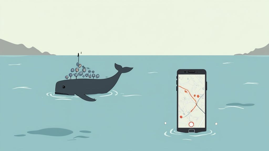 Cartoon whale with tracking devices in the ocean, a smartphone displaying a map and location data nearby.